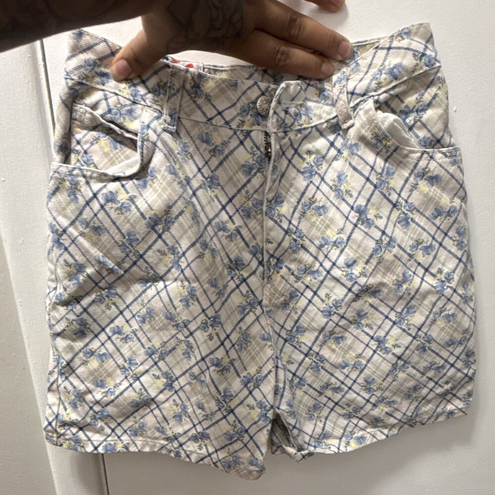 Vtg 90s Continental America Plaid Floral Denim Shorts High Waisted Cotton Sz 16